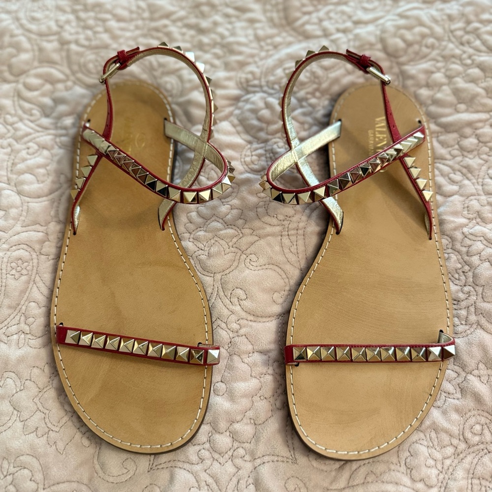 Valentino Red and Tan Sandals with Elegant Studs